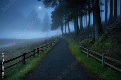 Enchanted Forest Pathway at Twilight: A Mystical Route Through Foggy Landscapes