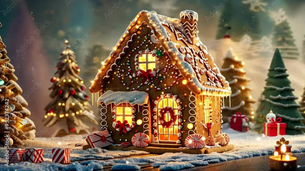 A cozy gingerbread house adorned with lights and surrounded by festive trees during the holiday season A cozy gingerbread house adorned with lights and surrounded by festive trees during the holiday season