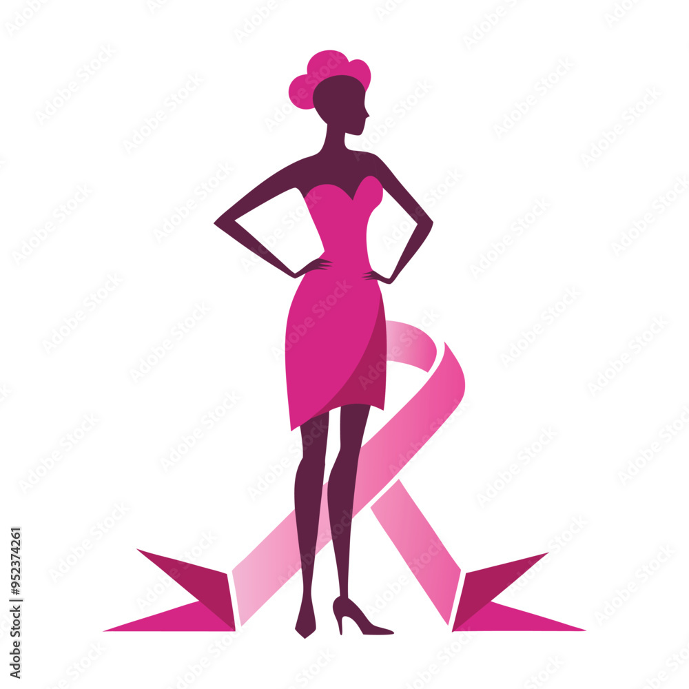 A silhouette of a strong woman standing tall with the pink ribbon prominently featured, symbolizing resilience A silhouette of a strong woman standing tall with the pink ribbon prominently featured, symbolizing resilience