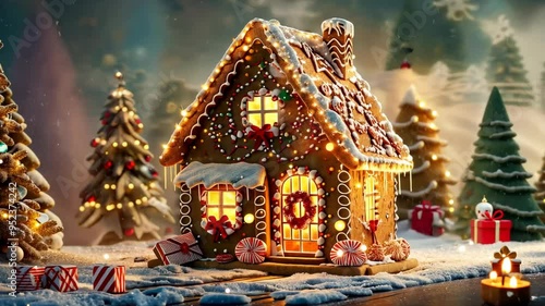 A cozy gingerbread house adorned with lights and surrounded by festive trees during the holiday season