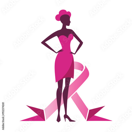 A silhouette of a strong woman standing tall with the pink ribbon prominently featured, symbolizing resilience