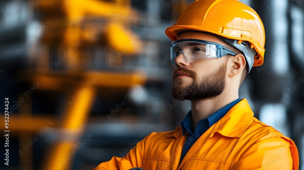 A focused worker in an orange uniform and safety gear stands confidently, symbolizing professionalism in the construction industry. A focused worker in an orange uniform and safety gear stands confidently, symbolizing professionalism in the construction industry.