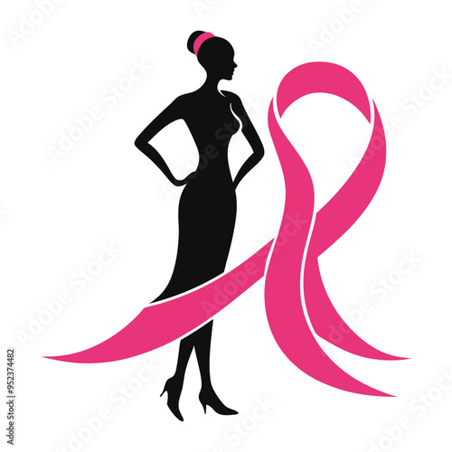 A silhouette of a strong woman standing tall with the pink ribbon prominently featured, symbolizing resilience