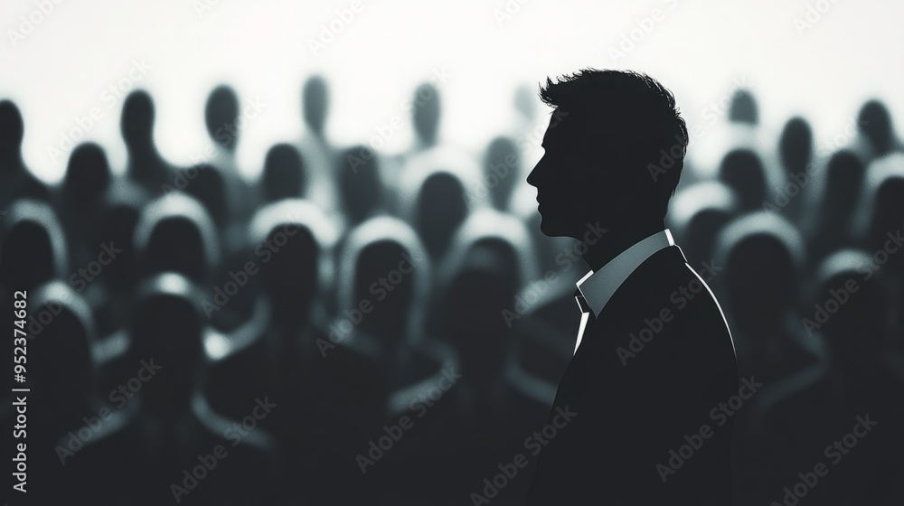 Silhouette of a man in a suit standing in front of a blurred crowd. Silhouette of a man in a suit standing in front of a blurred crowd.