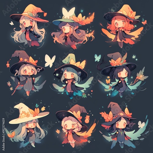 Playful witches with whimsical hats and butterflies, perfect for magical themes and enchanting illustrations. photo