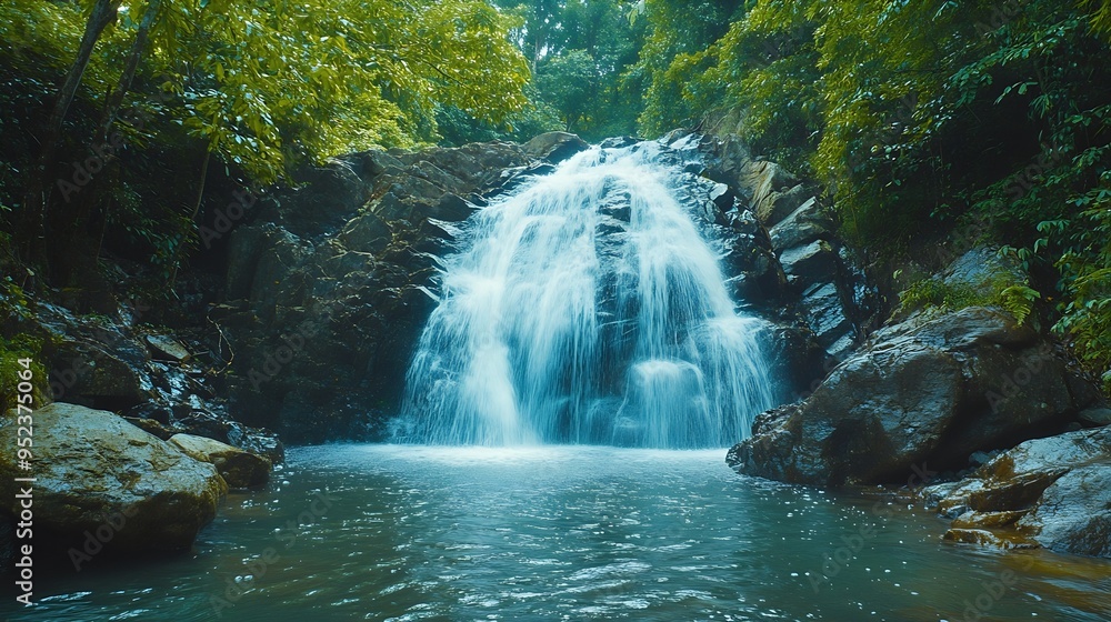 Naklejka premium Beauty in nature amazing waterfall in tropical forest of national park Thailand : Generative AI