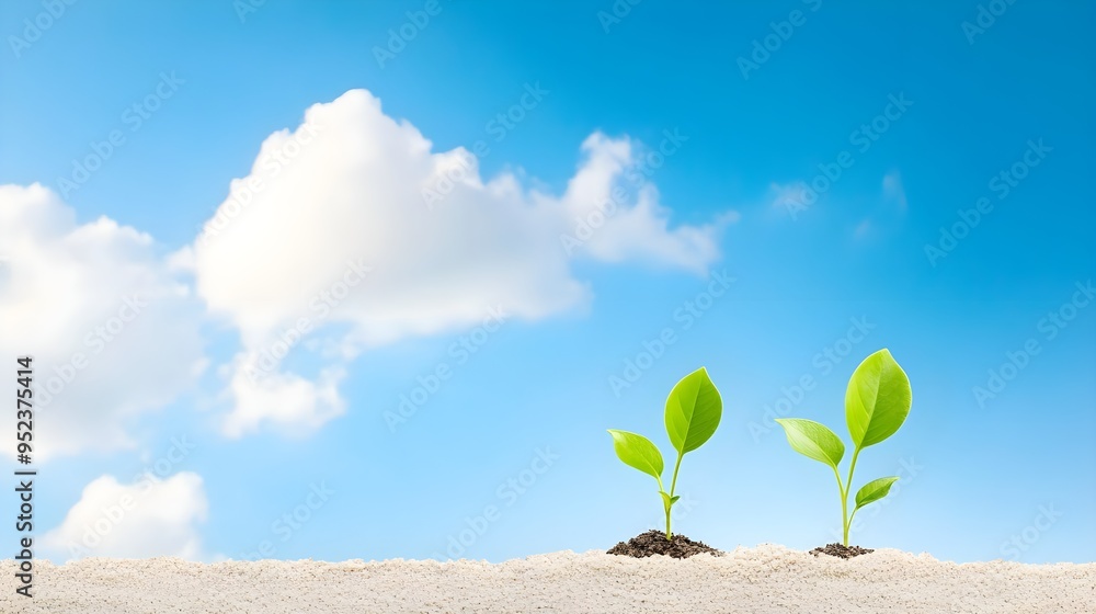 Two young plants emerging from the ground under a bright blue sky, symbolizing growth, hope, and new beginnings. Two young plants emerging from the ground under a bright blue sky, symbolizing growth, hope, and new beginnings.