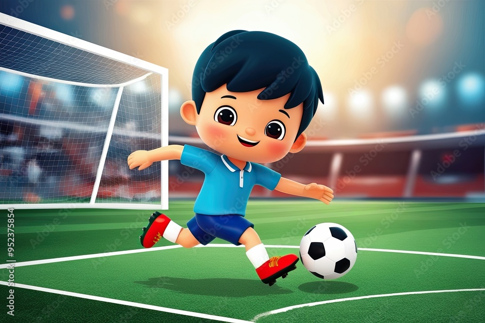 Fototapeta premium Adorable 3D Boy Playing Soccer with Ball in Engaging Sports Illustration