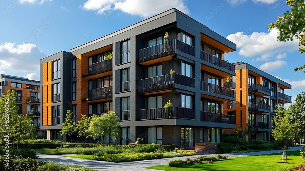 Obraz premium Exterior view of modern apartment building offering luxury rental units : Generative AI