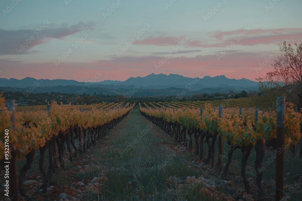 Naklejka premium Vineyard Rows at Sunset with Mountain Range in the Distance