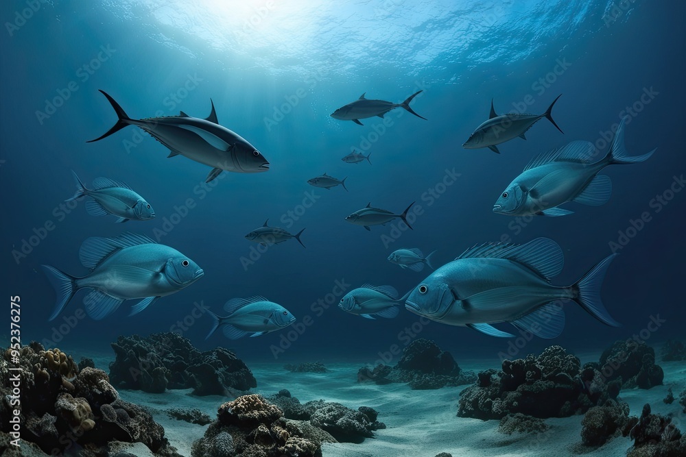 Ethereal Marine Shadows with Elegant Fish Clusters Portraying Ocean Encounters Ethereal Marine Shadows with Elegant Fish Clusters Portraying Ocean Encounters