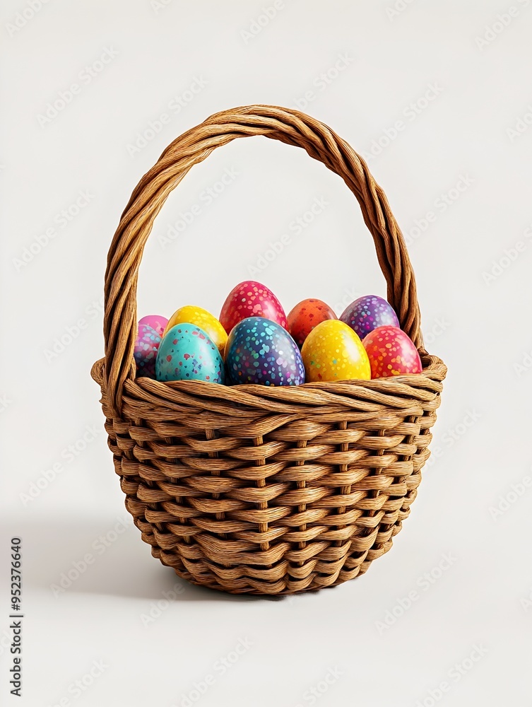Naklejka premium Woven Easter Egg Basket Filled with Vibrant Dyed Eggs on Pristine White Background