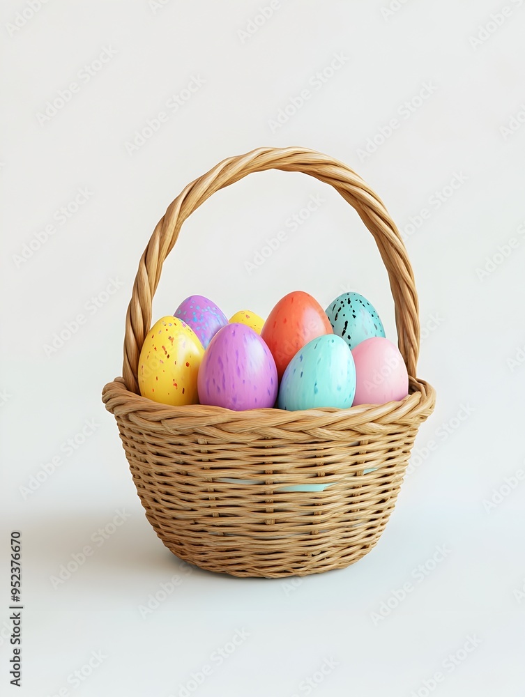 Woven Easter Egg Basket with Colorful Dyed Eggs on Pristine White Background Woven Easter Egg Basket with Colorful Dyed Eggs on Pristine White Background