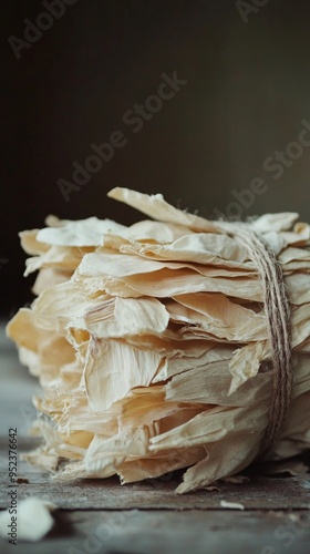 Dried corn husks tied with twine on a wooden surface. photo