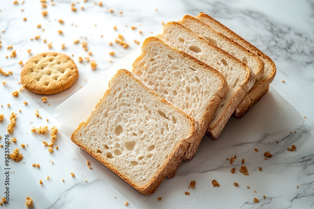 Freshly sliced bread displayed on a marble surface, accompanied by a cookie and scattered crumbs for a delightful snack scene. Freshly sliced bread displayed on a marble surface, accompanied by a cookie and scattered crumbs for a delightful snack scene.