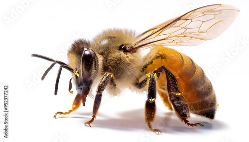 A detailed shot of a bee covered in pollen grains, actively pollinating a flower, isolated on a white background. 