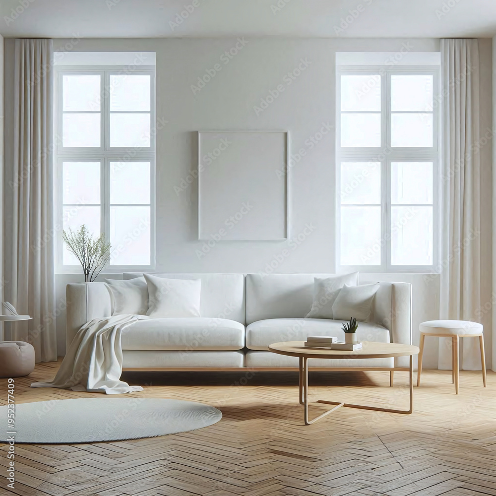 Fototapeta premium Frame mockup in modern white living room interior, living room featuring minimalist decor and large window