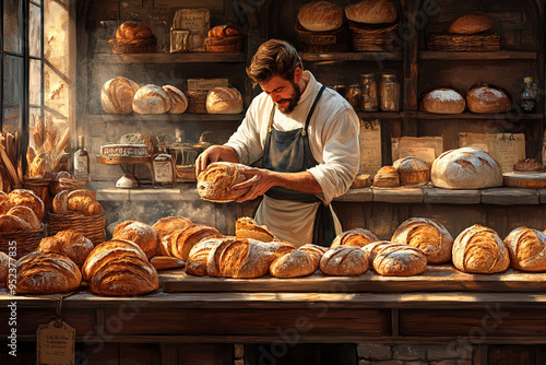 A baker carefully shapes fresh artisan bread in a warm, rustic bakery filled with loaves and natural light. photo