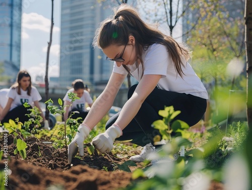 Corporate volunteers planting trees in an urban area