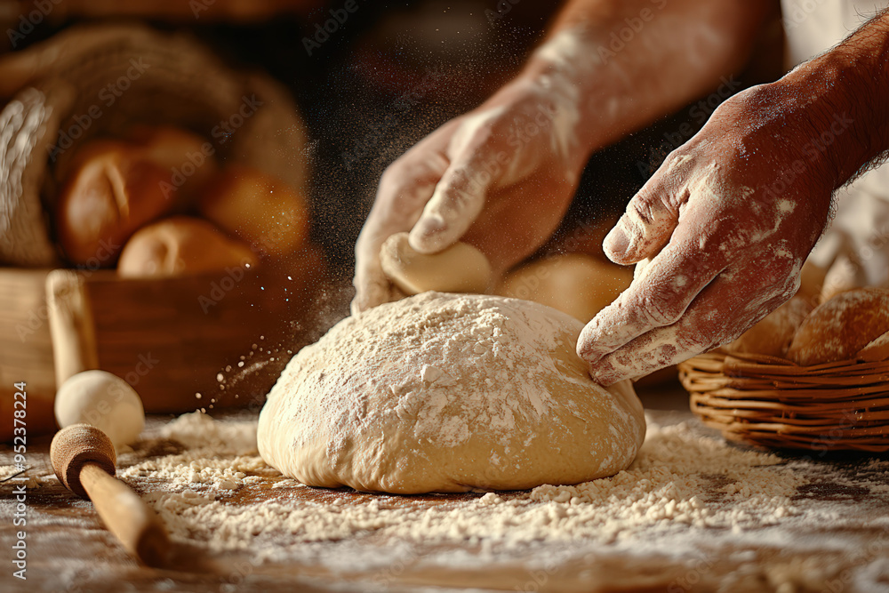 A baker's hands kneading fresh dough on a wooden surface, surrounded by flour, bread, and a warm, inviting kitchen atmosphere. A baker's hands kneading fresh dough on a wooden surface, surrounded by flour, bread, and a warm, inviting kitchen atmosphere.