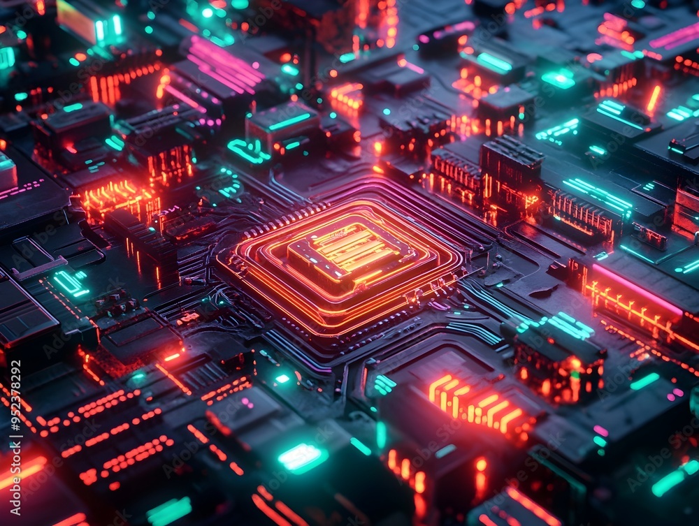 Obraz premium Luminous Cyberpunk Inspired Futuristic Circuit Board with Pulsating AI Driven Neural Network