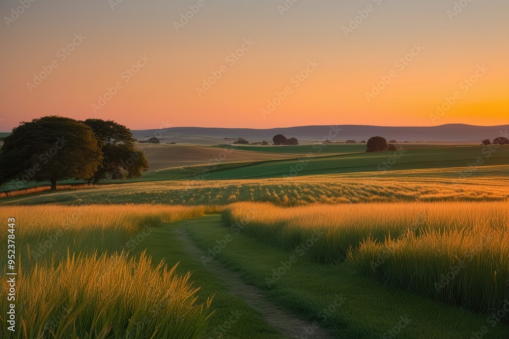 Fototapeta premium Captivating Dusk Landscape with Golden Hues in Blooming Grasslands