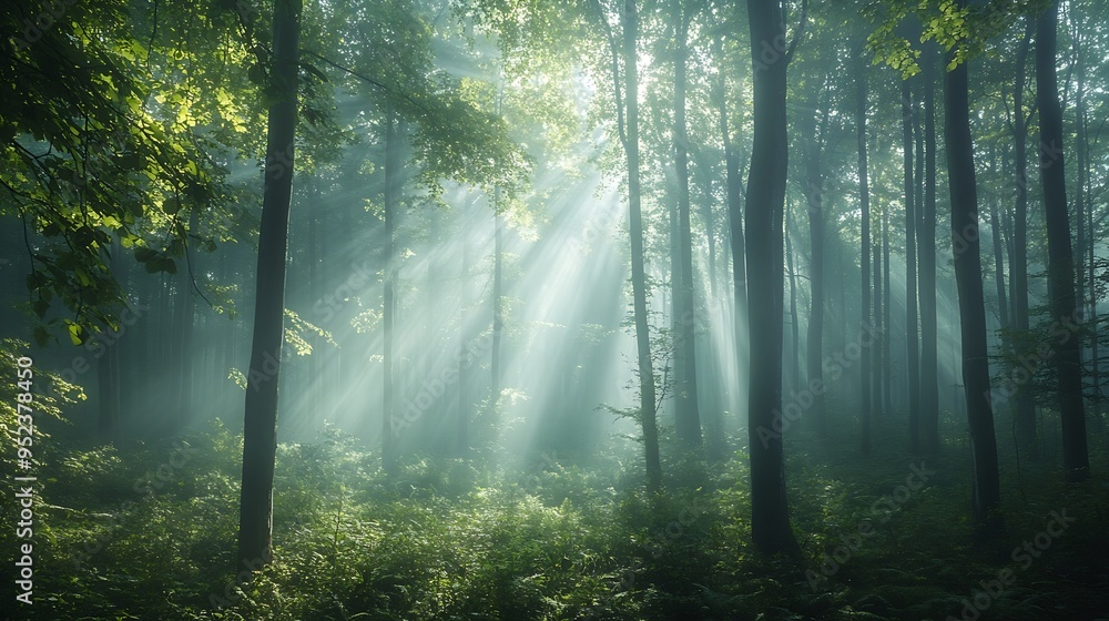 Panorama of Natural Beech Forest with Sunbeams through Morning Fog : Generative AI Panorama of Natural Beech Forest with Sunbeams through Morning Fog : Generative AI