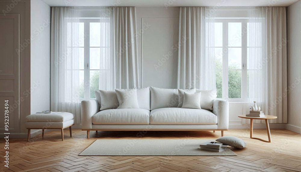 Frame mockup in modern white living room interior, living room featuring minimalist decor and large window Frame mockup in modern white living room interior, living room featuring minimalist decor and large window