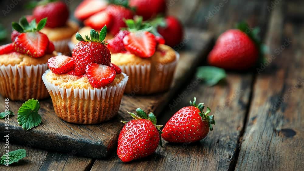 Delicious strawberry cupcakes with fresh strawberries prepared in a rustic kitchen Delicious strawberry cupcakes with fresh strawberries prepared in a rustic kitchen