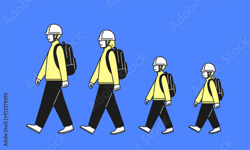 ヘルメットを着用し歩く家族のイラスト