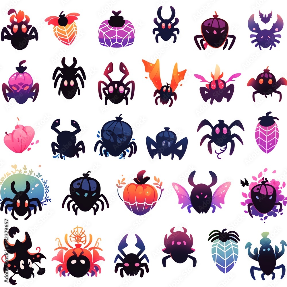 Obraz premium A vibrant assortment of whimsical spider and insect illustrations, perfect for creative projects and spooky themes.