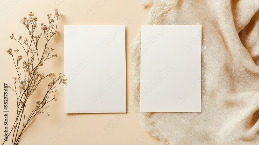 Blank white cards on a neutral beige background with dried flowers and fabric. Blank white cards on a neutral beige background with dried flowers and fabric.