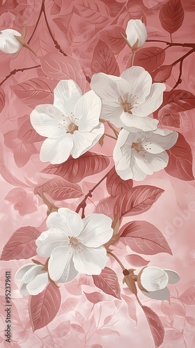 Retro white and pink flowers and leaves illustration poster background