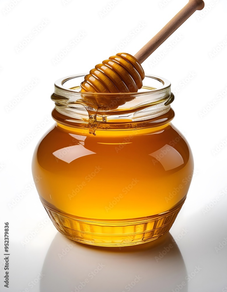 A glass jar of golden honey with a wooden dipper, placed on a white background. A glass jar of golden honey with a wooden dipper, placed on a white background.