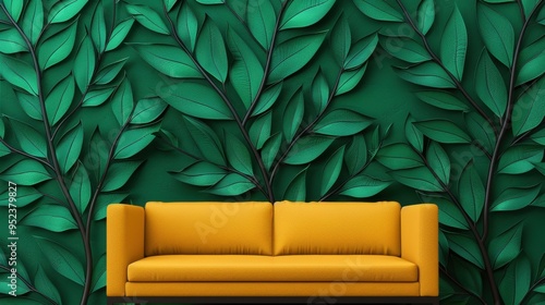 Seamless leaf pattern wall with green and yellow autumn leaves background.