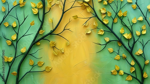 Seamless leaf pattern wall with green and yellow autumn leaves background.