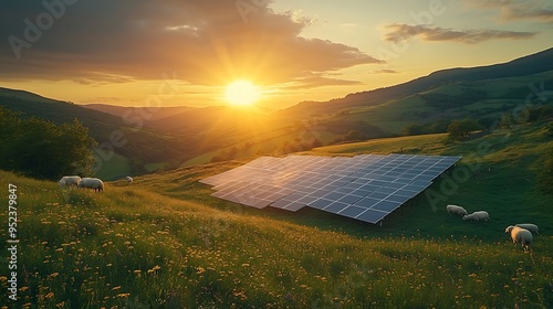 Solar panel produces green environmentaly friendly energy from the setting sun Aerial view from drone Landscape picture of a solar plant that is located inside a valley with sheep : Generative AI photo