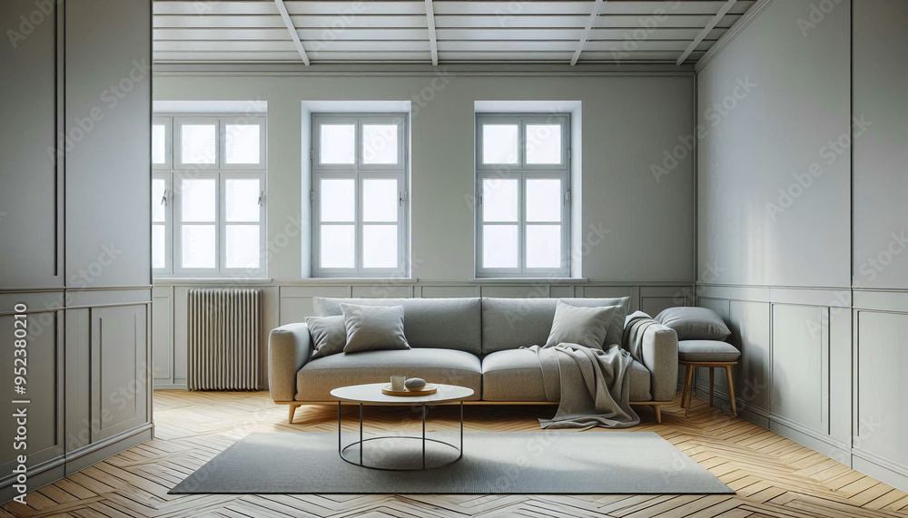 Fototapeta premium living room featuring a large white sofa with soft pillows and elegant deco, large windows