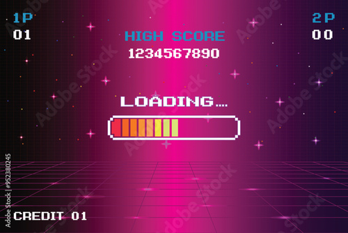 LOADING bar .pixel art .8 bit. retro game. for game assets in vector illustrations. Retro Futurism Sci-Fi Background. glowing neon grid and star from vintage arcade computer game.