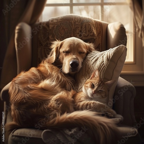 Heartwarming image of a dog and cat snuggled together on a chair by the window photo