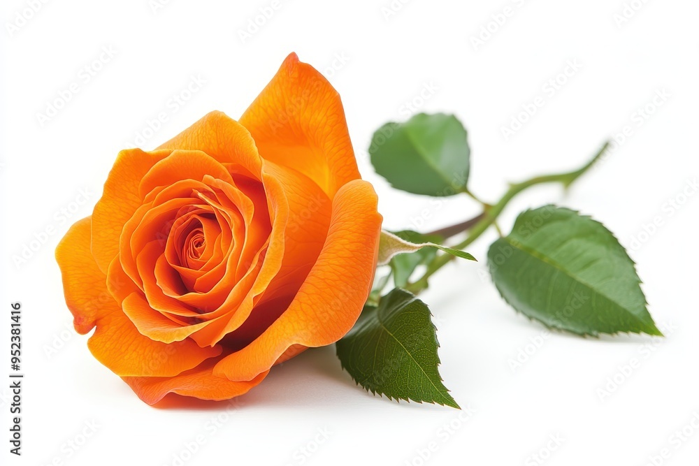 A vibrant orange rose with green leaves, symbolizing beauty and love. A vibrant orange rose with green leaves, symbolizing beauty and love.