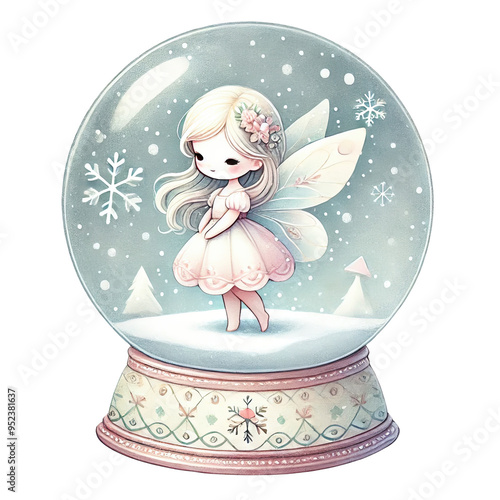 A delicate fairy inside a magical snow globe with snowflakes, spreading winter wonder and charm. photo