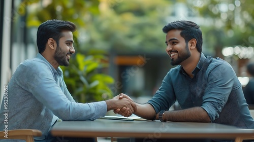 Positive young Indian business consultant and customer men shaking hands over table getting agreement closing deal Business partners enjoying cooperation finishing negotiations with ha : Generative AI