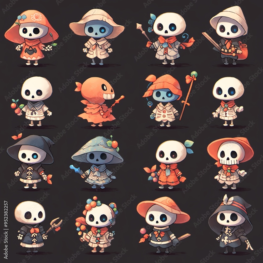 A collection of cute skeleton characters in colorful outfits, perfect for Halloween or whimsical themes. A collection of cute skeleton characters in colorful outfits, perfect for Halloween or whimsical themes.