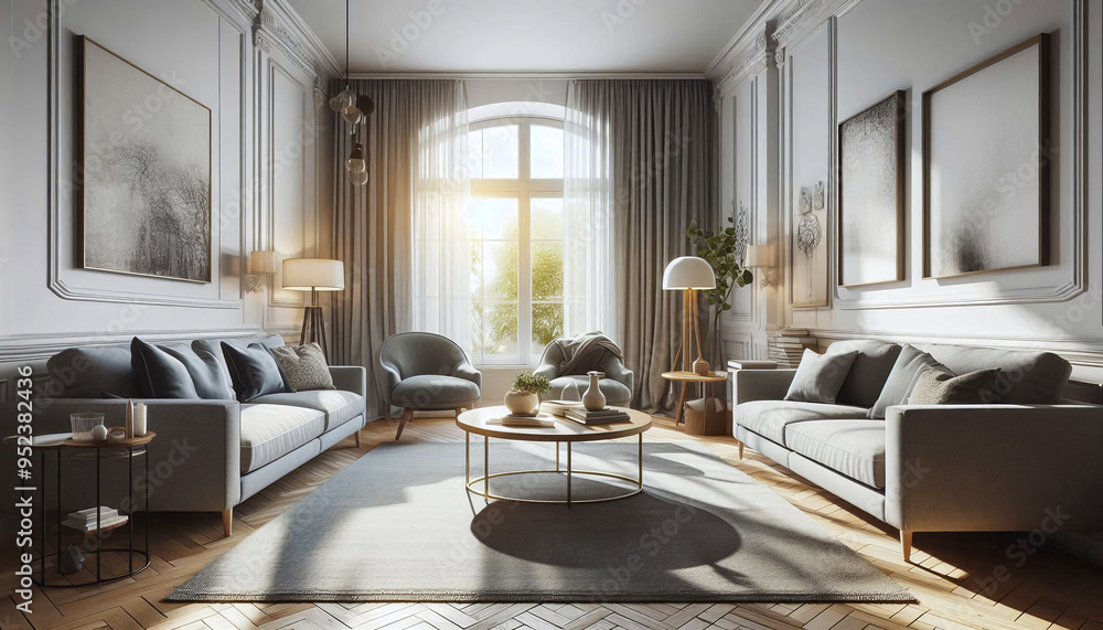 living room featuring a large white sofa with soft pillows and elegant deco, large windows living room featuring a large white sofa with soft pillows and elegant deco, large windows