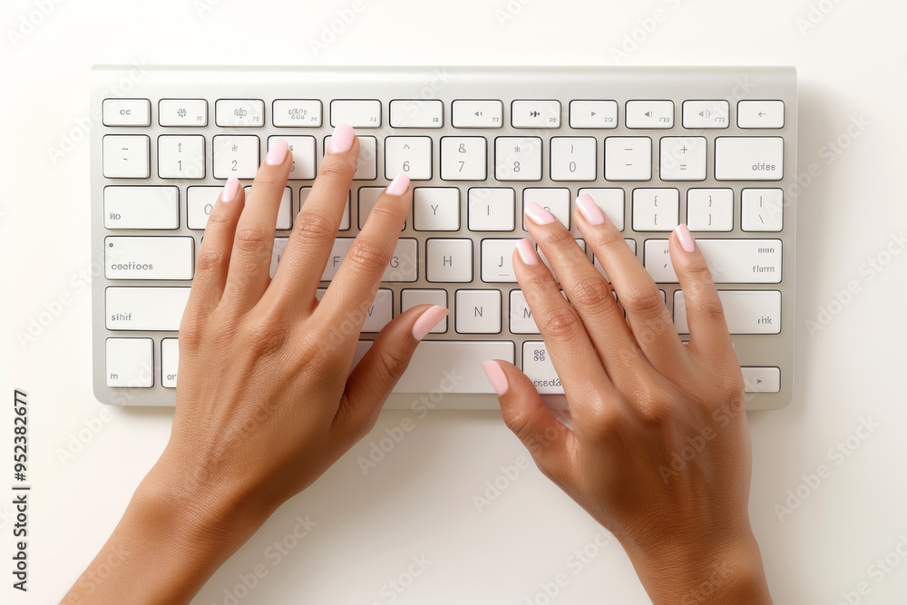 female human hands typing on a computer keyboard, manicured nails, natural skin tones, natural and accurate skin details female human hands typing on a computer keyboard, manicured nails, natural skin tones, natural and accurate skin details