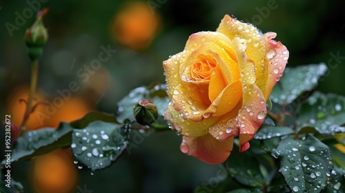  A single yellow rose bedecked with raindrops blossoms amidst a verdant backdrop photo