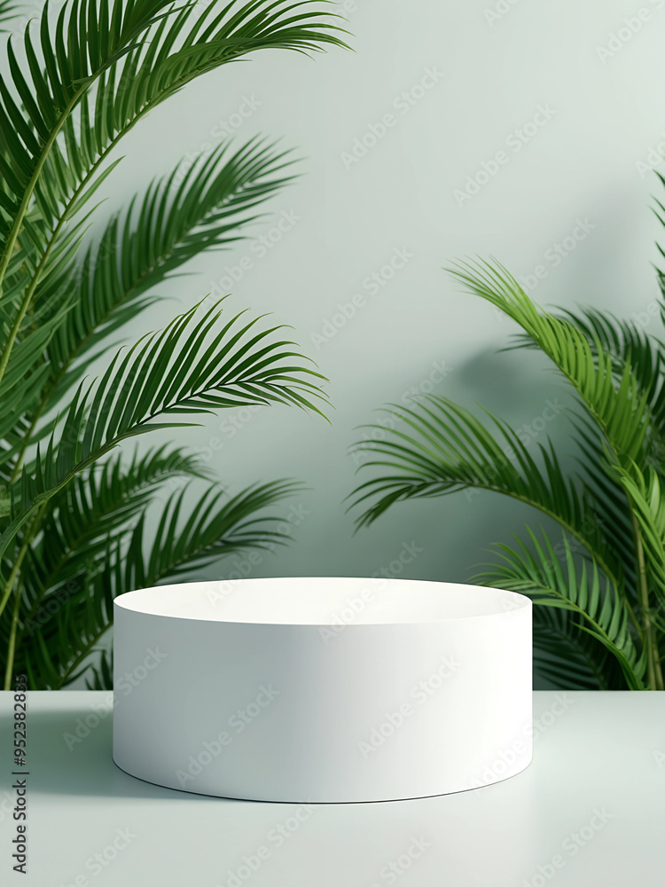 product display empty white podium in studio with leaves