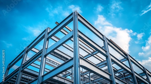 Steel frame commercial building under construction against blue sky : Generative AI