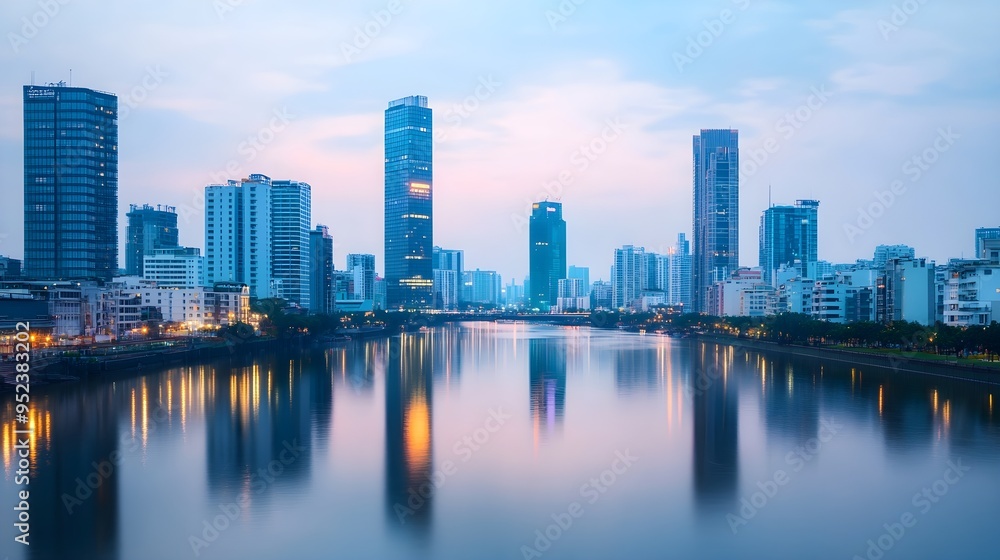 Cityscape Reflections at Dusk, Modern Architecture Cityscape Reflections at Dusk, Modern Architecture